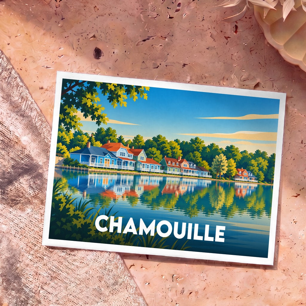 Carte postale souvenir de la ville de Chamouille avec une illustration stylisée de maisons colorées au bord de l'eau.