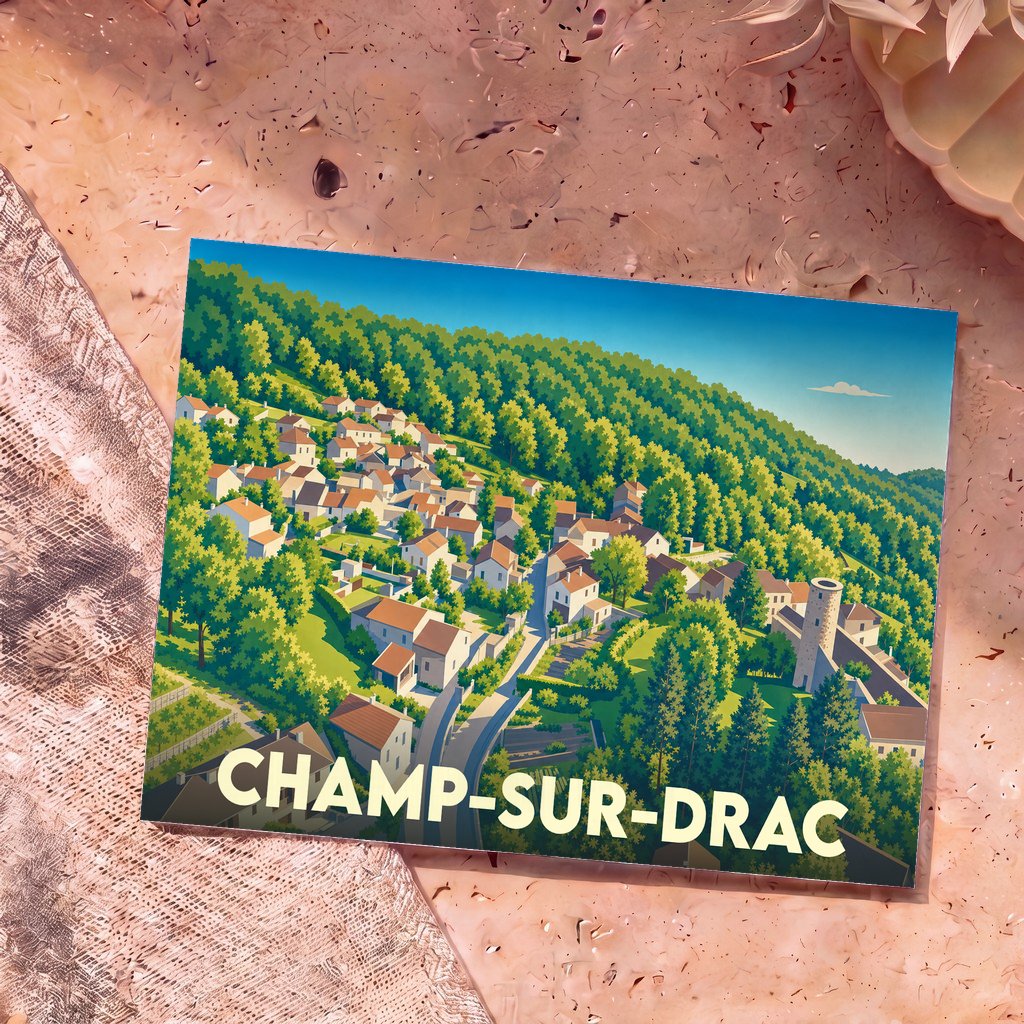 Carte postale souvenir de la ville de Champ-sur-Drac avec une illustration stylisée d'un village niché dans une colline verdoyante.