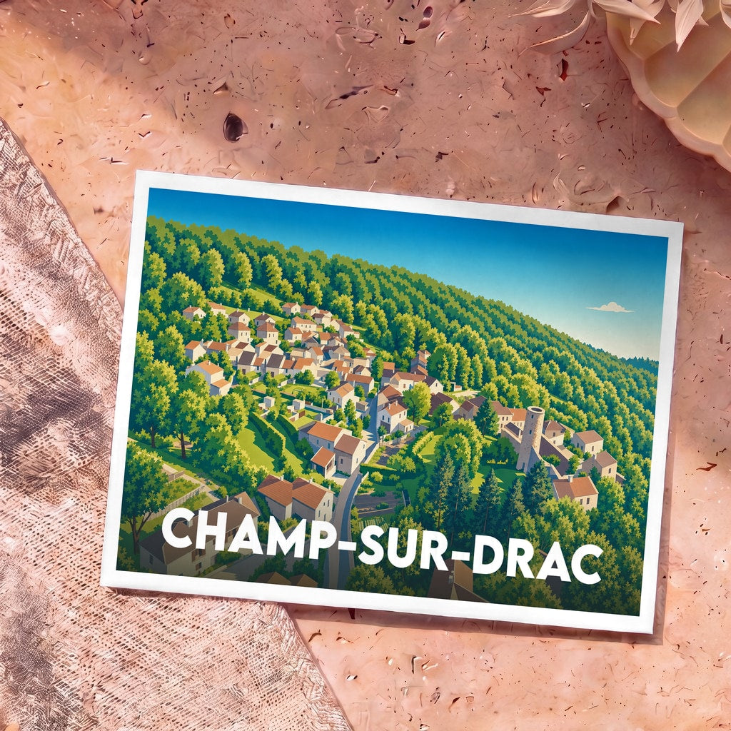 Carte postale souvenir de la ville de Champ-sur-Drac avec une illustration stylisée d'un village niché dans une colline verdoyante.