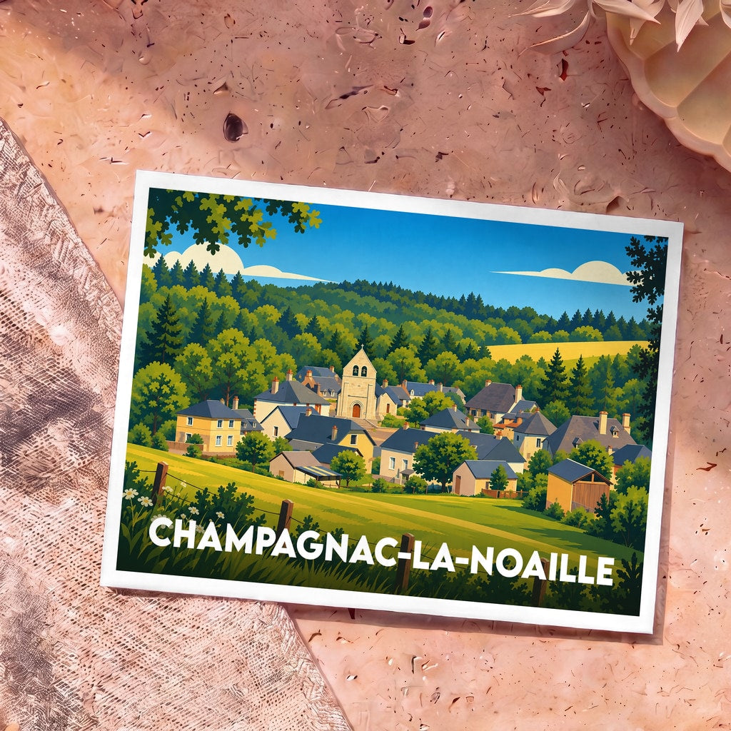 Carte postale souvenir de la ville de Champagnac-la-Noaille avec une illustration stylisée d'un village pittoresque.