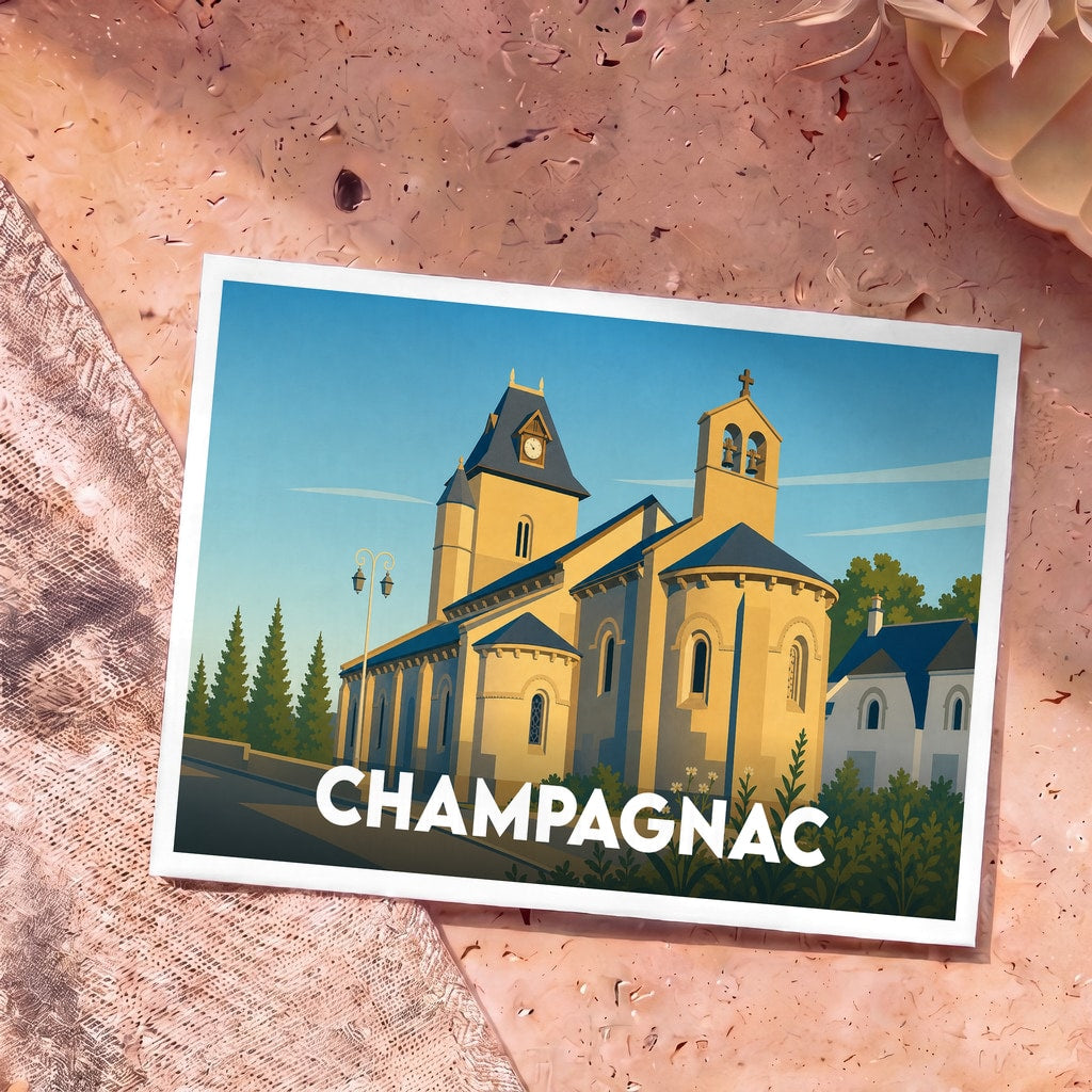 Carte postale souvenir de la ville de Champagnac illustrant son église dans un style graphique épuré.