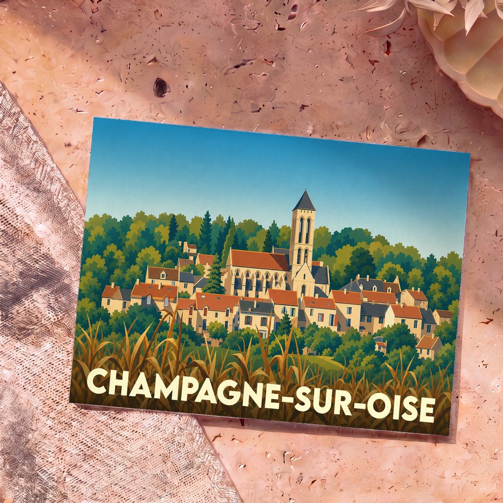 Carte postale souvenir de la ville de Champagne-sur-Oise avec une illustration stylisée.