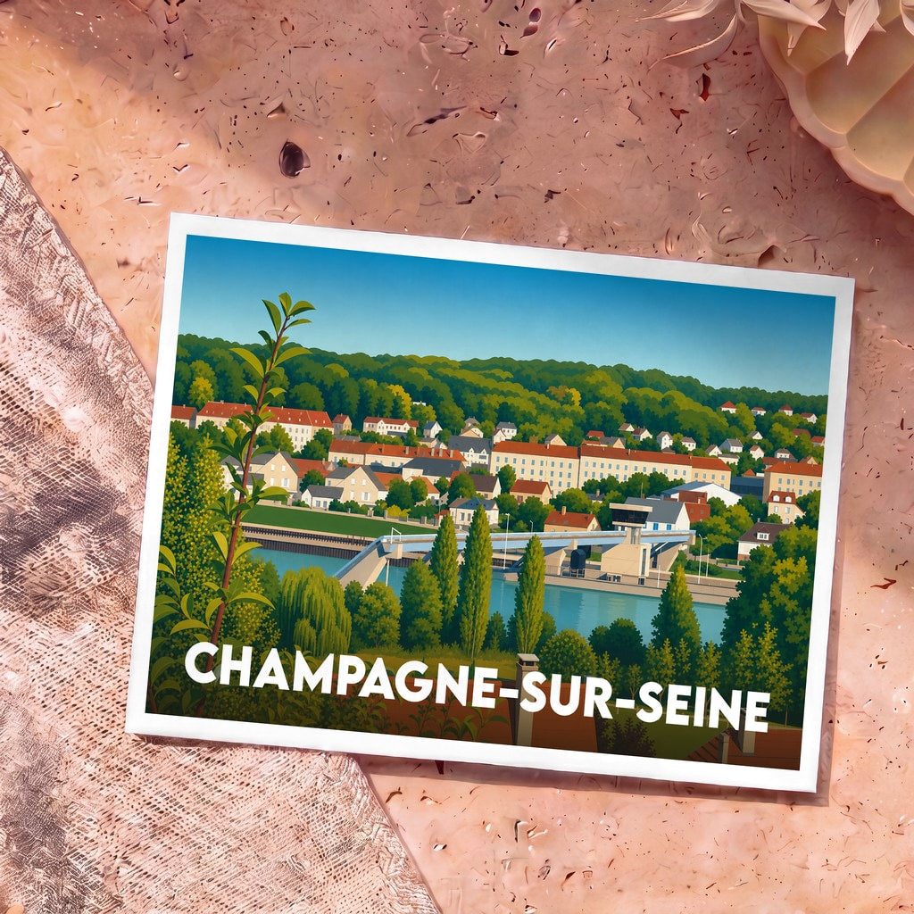 Carte postale souvenir de la ville de Champagne-sur-Seine avec une illustration stylisée et colorée.