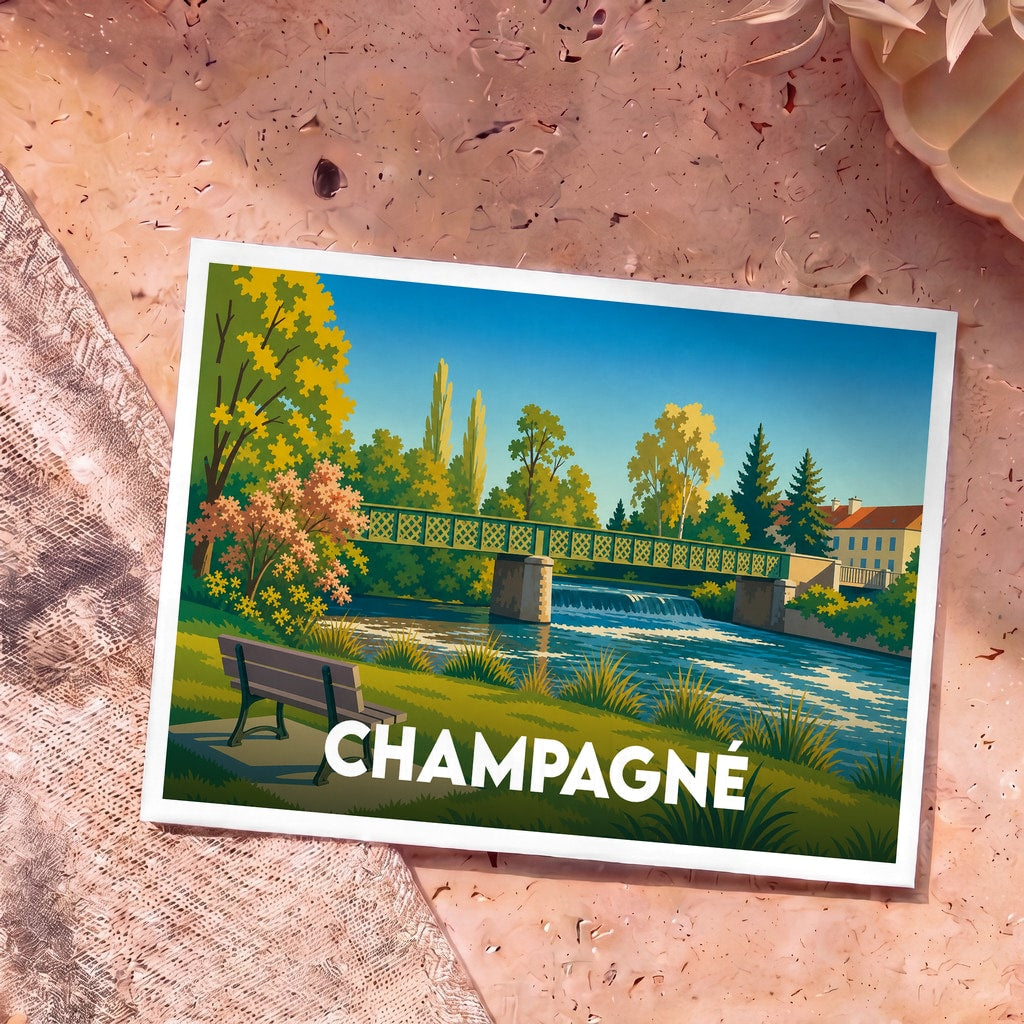 Carte postale souvenir de la ville de Champagné avec une illustration stylisée d'un parc au bord de l'eau.