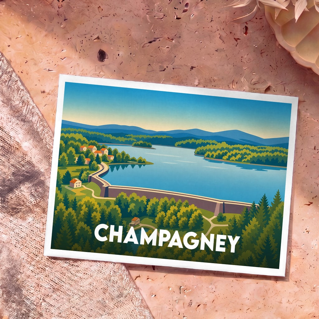 Carte postale souvenir de la ville de Champagney avec une illustration stylisée de son lac et de son barrage.