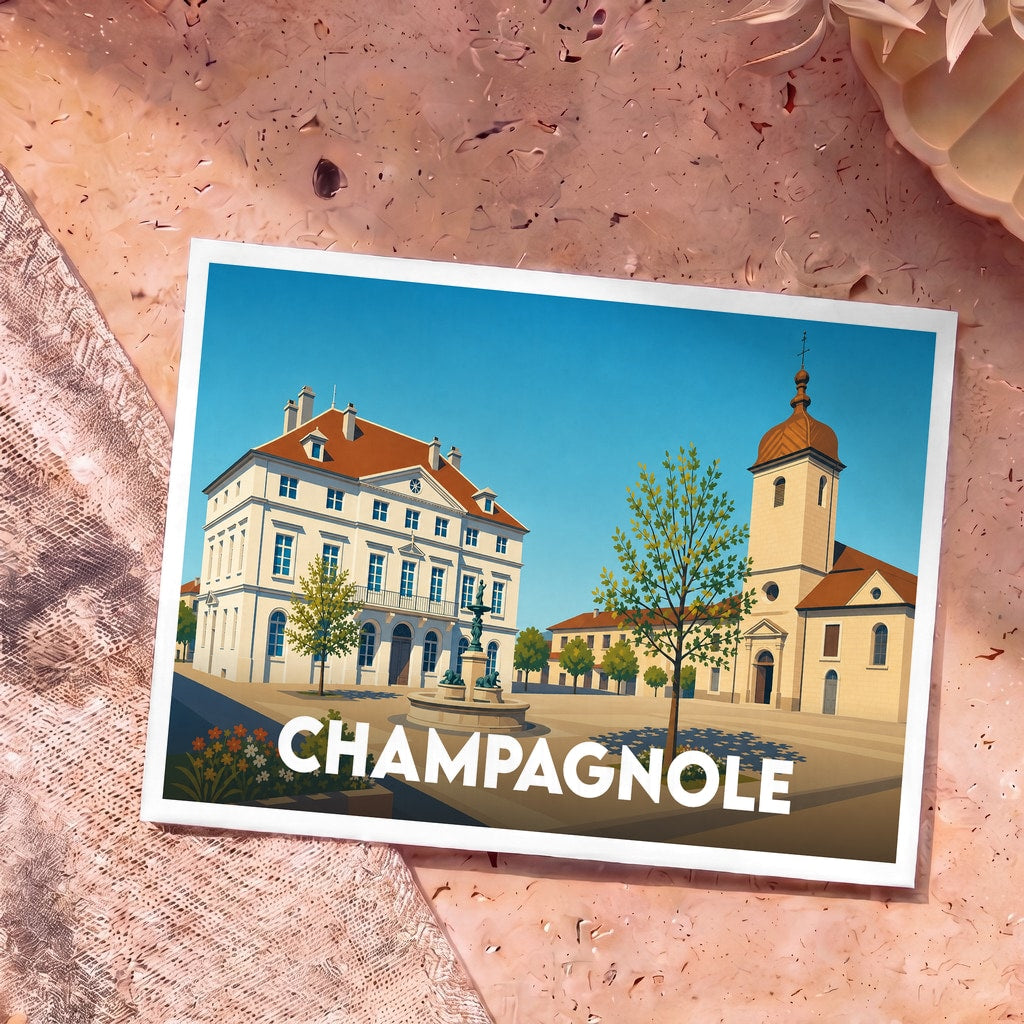 Carte postale souvenir de la ville de Champagnole avec une illustration stylisée de sa place centrale.