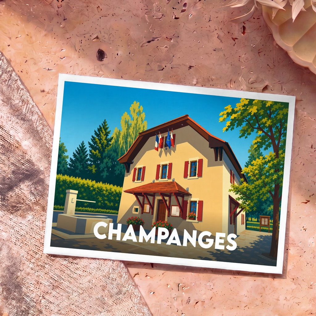 Carte postale souvenir de la ville de Champanges avec une illustration stylisée de la mairie et de sa fontaine.