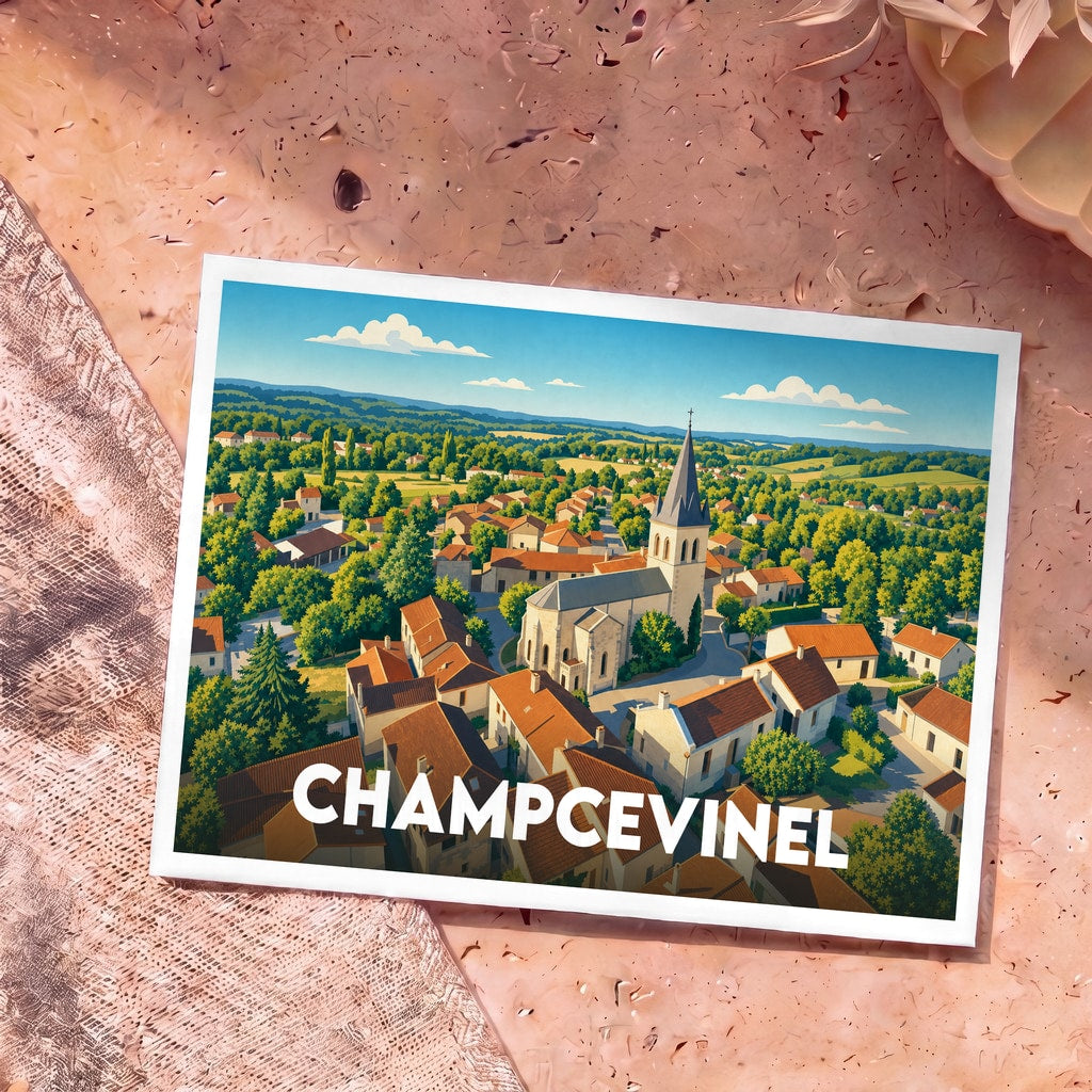 Carte postale souvenir de la ville de Champcevinel avec une illustration stylisée d'un village pittoresque et son église.