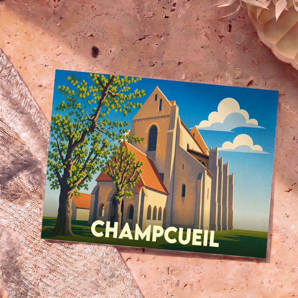 Carte postale souvenir de la ville de Champcueil avec une illustration stylisée de son église et de la nature environnante.