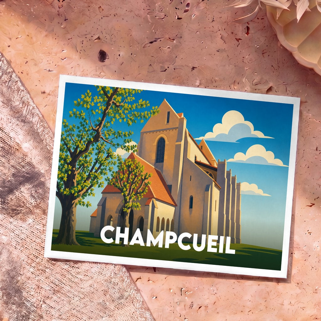Carte postale souvenir de la ville de Champcueil avec une illustration stylisée de son église et de la nature environnante.