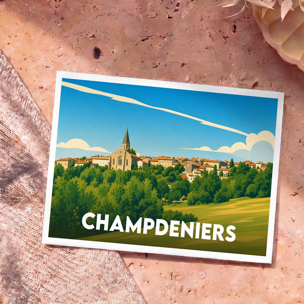Carte postale souvenir de la ville de Champdeniers avec une illustration stylisée.