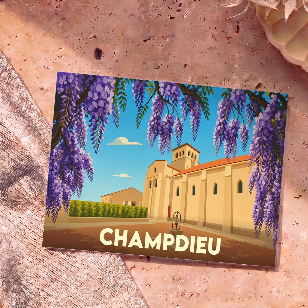 Carte postale souvenir de la ville de Champdieu avec une illustration stylisée de son prieuré encadré de glycines.