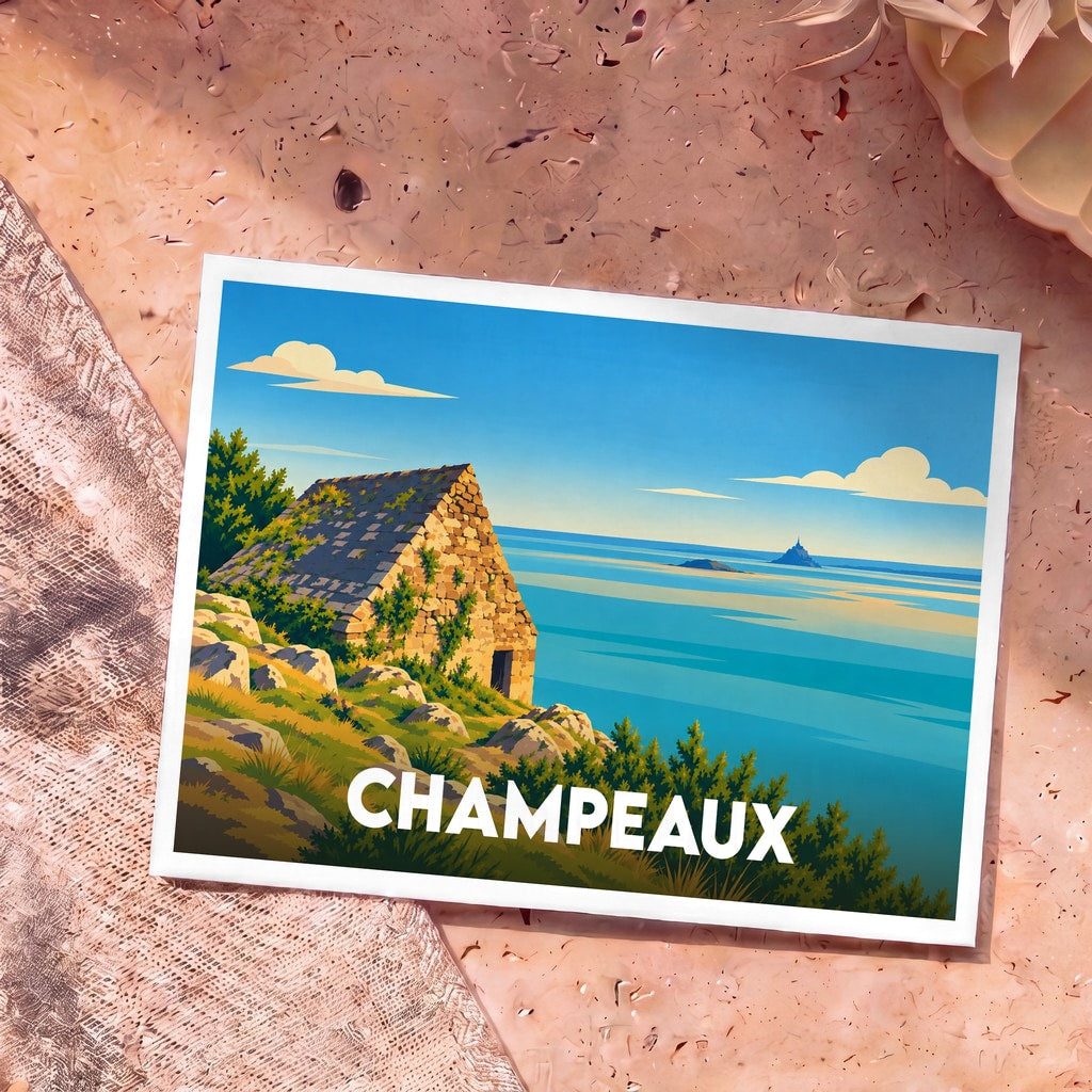 Carte postale souvenir de la ville de Champeaux représentant une cabane de berger en pierre face au Mont Saint-Michel.