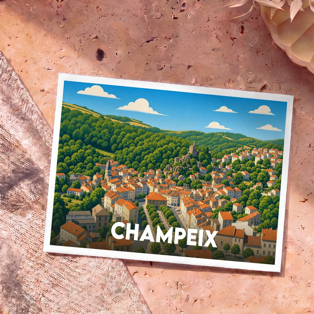Carte postale souvenir de la ville de Champeix avec une illustration stylisée et colorée de ses maisons et collines.