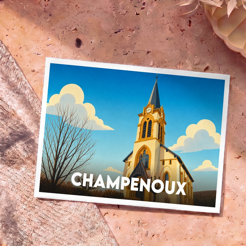 Carte postale souvenir de la ville de Champenoux illustrant son église dans un style graphique épuré.