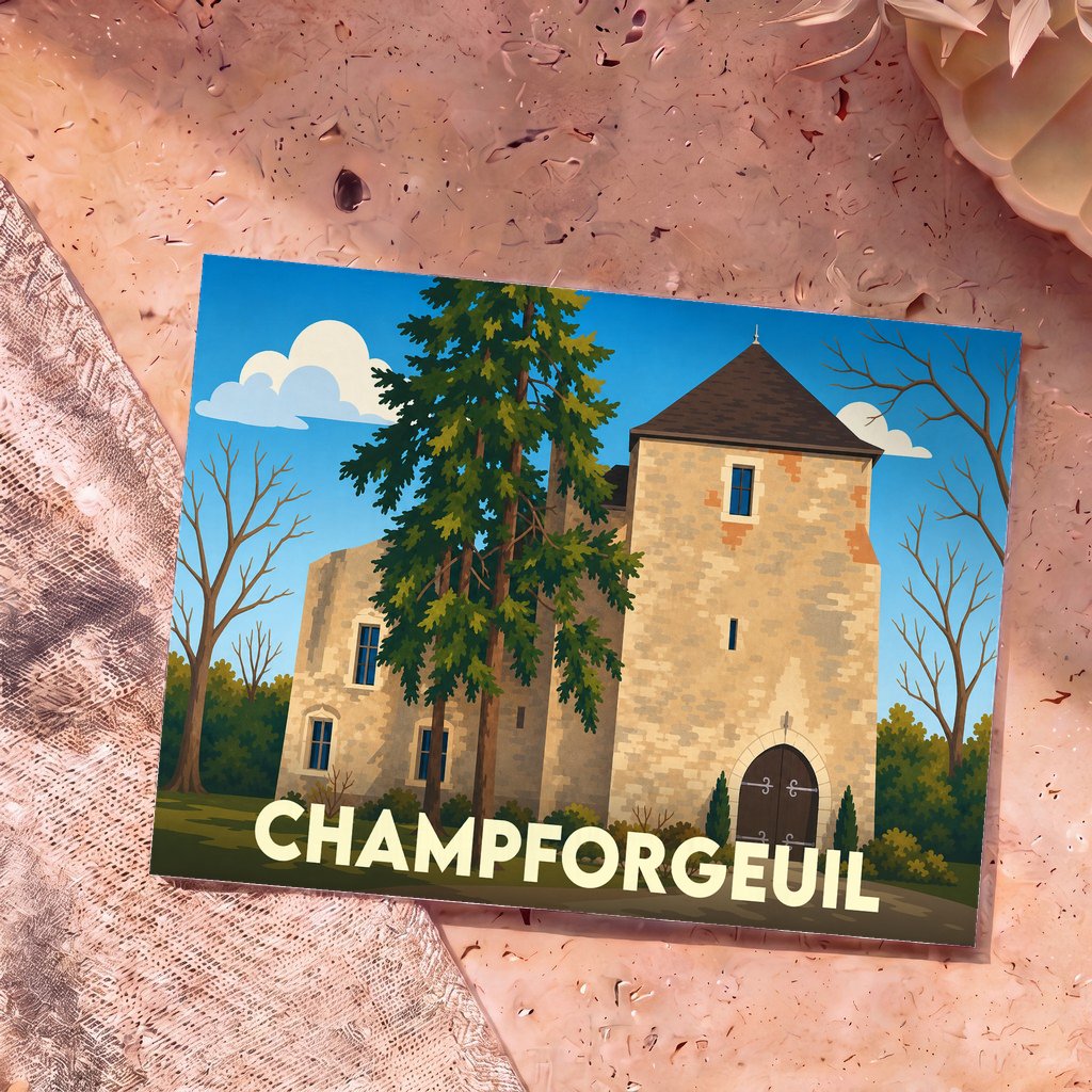 Carte postale souvenir de la ville de Champforgeuil avec une illustration stylisée de son château.