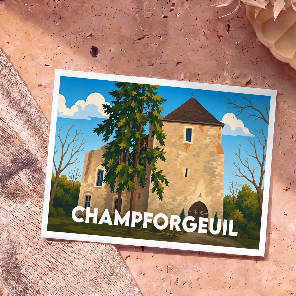 Carte postale souvenir de la ville de Champforgeuil avec une illustration stylisée de son château.