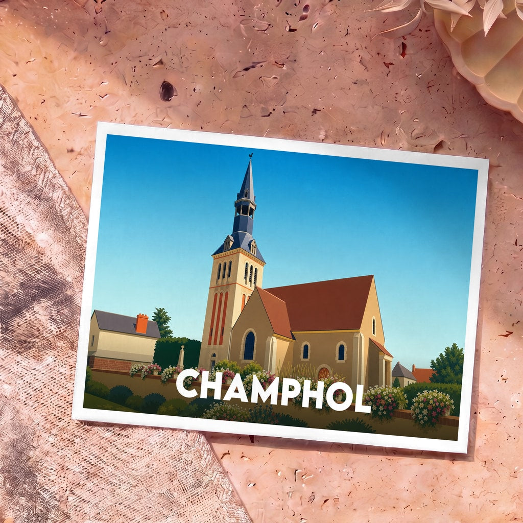Carte postale souvenir de la ville de Champhol avec une illustration stylisée de son église sous un ciel bleu.