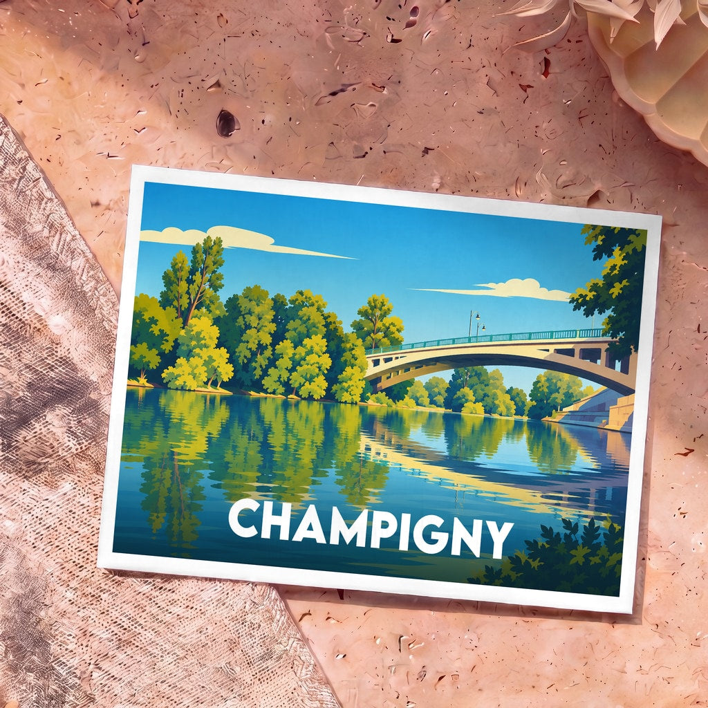Carte postale souvenir de la ville de Champigny illustrant un pont enjambant une rivière avec un style graphique épuré.