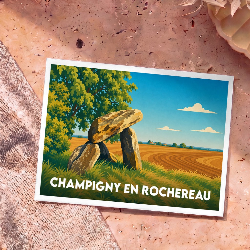 Carte postale souvenir de la ville de Champigny en Rochereau illustrant un dolmen au bord d'un champ.