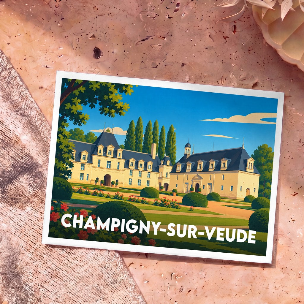 Carte postale souvenir de Champigny-sur-Veude avec une illustration stylisée de son château et de ses jardins.
