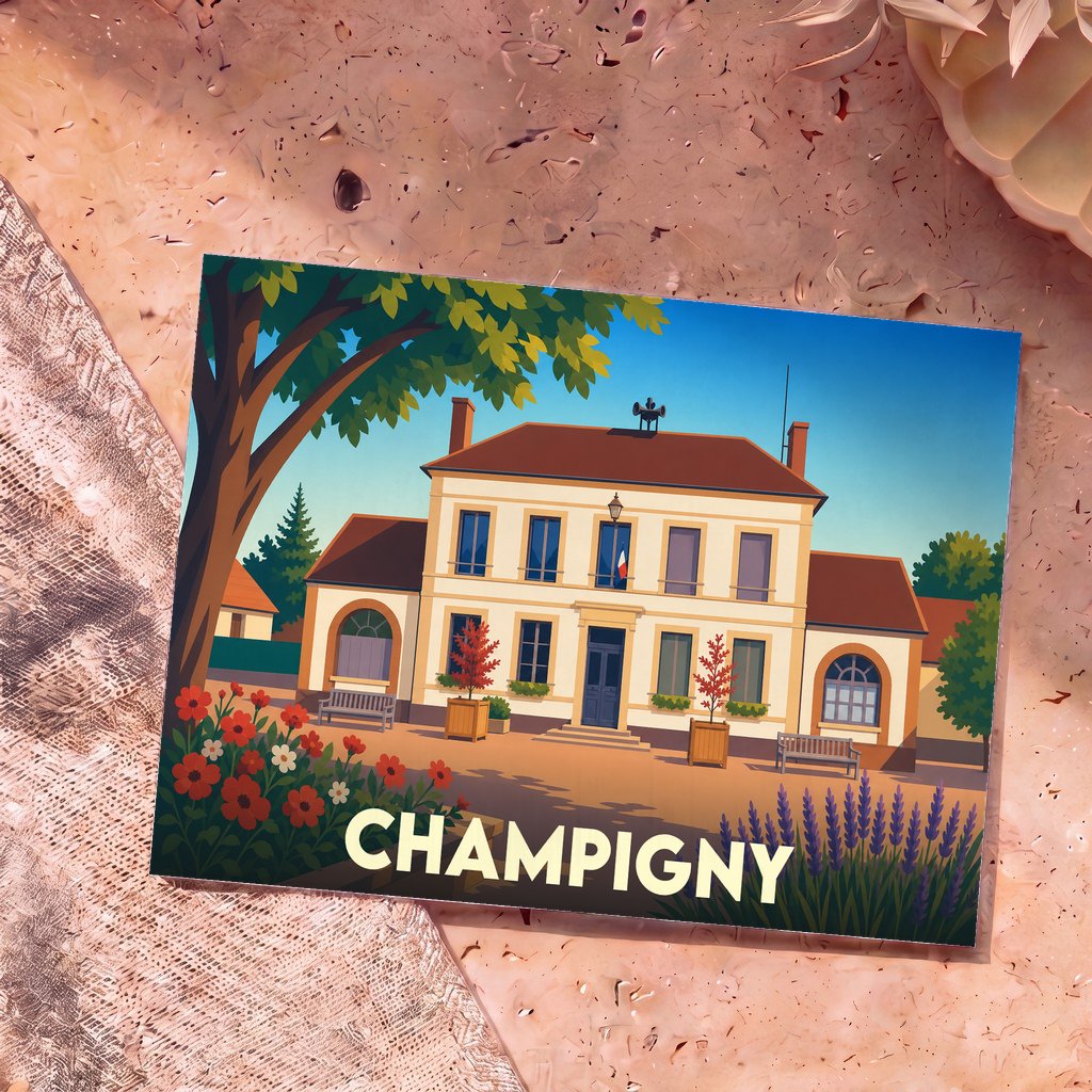 Carte postale souvenir de la ville de Champigny avec une illustration stylisée de sa mairie.