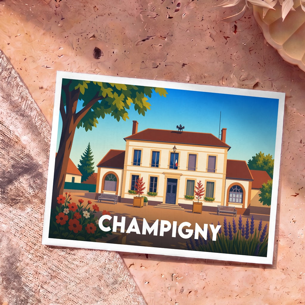Carte postale souvenir de la ville de Champigny avec une illustration stylisée de sa mairie.