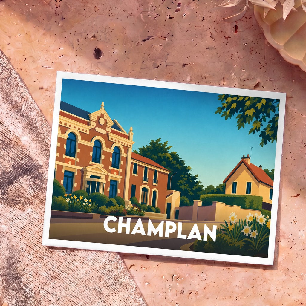 Carte postale souvenir de la ville de Champlan avec une illustration stylisée de sa mairie.