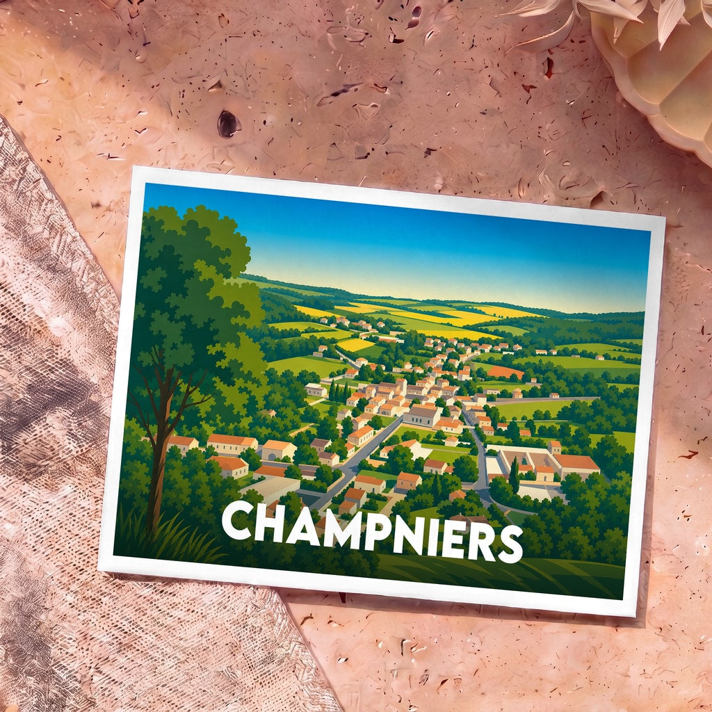 Carte postale souvenir de la ville de Champniers avec une illustration stylisée d'un paysage de campagne.