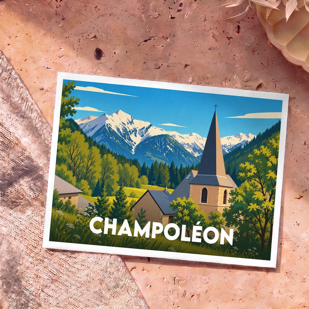 Carte postale souvenir de la ville de Champoléon avec une illustration stylisée d'un village de montagne.