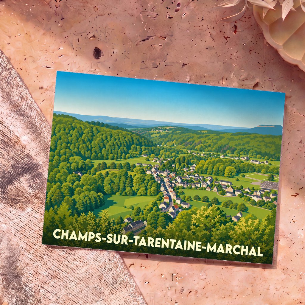 Carte postale souvenir de la ville de Champs-sur-Tarentaine-Marchal avec une illustration panoramique de sa vallée verdoyante.