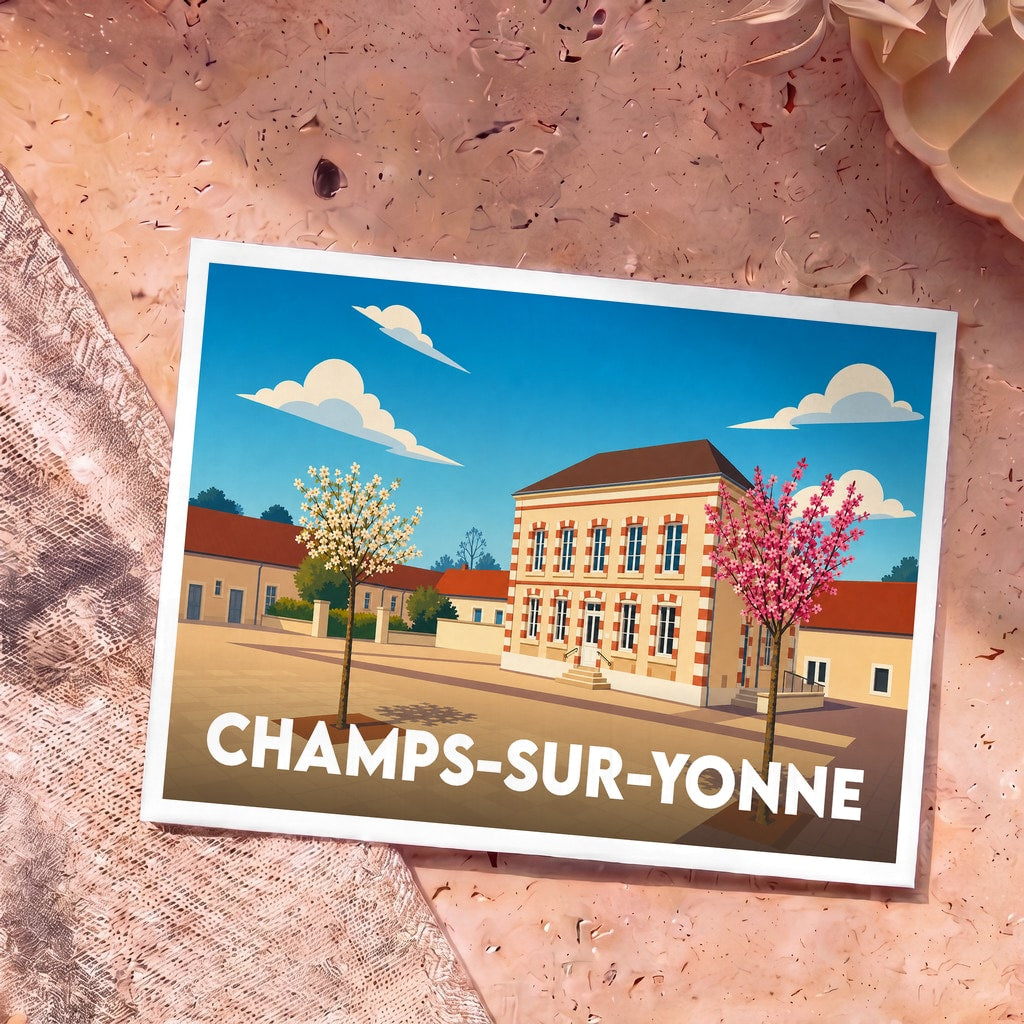 Carte postale souvenir de la ville de Champs-sur-Yonne avec une illustration stylisée de sa mairie.