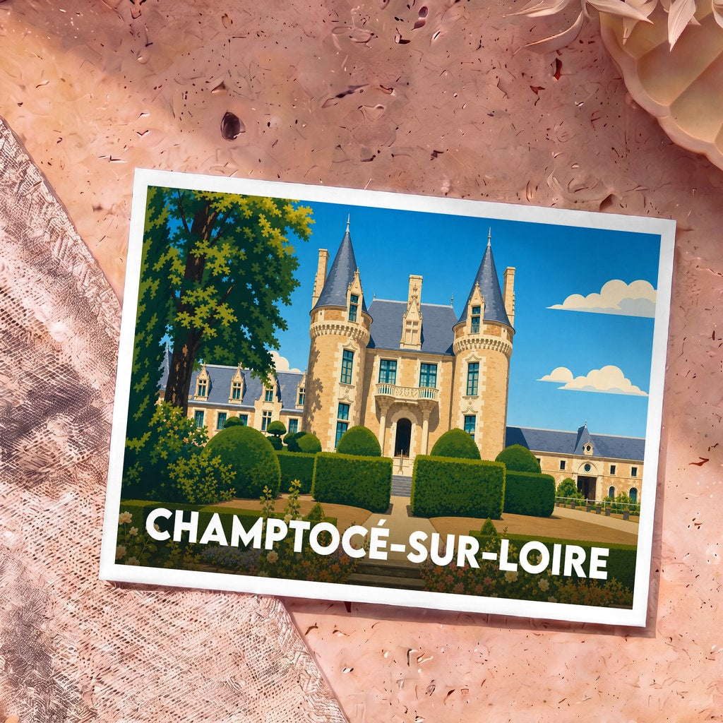 Carte postale souvenir de la ville de Champtocé-sur-Loire avec une illustration stylisée d'un château.
