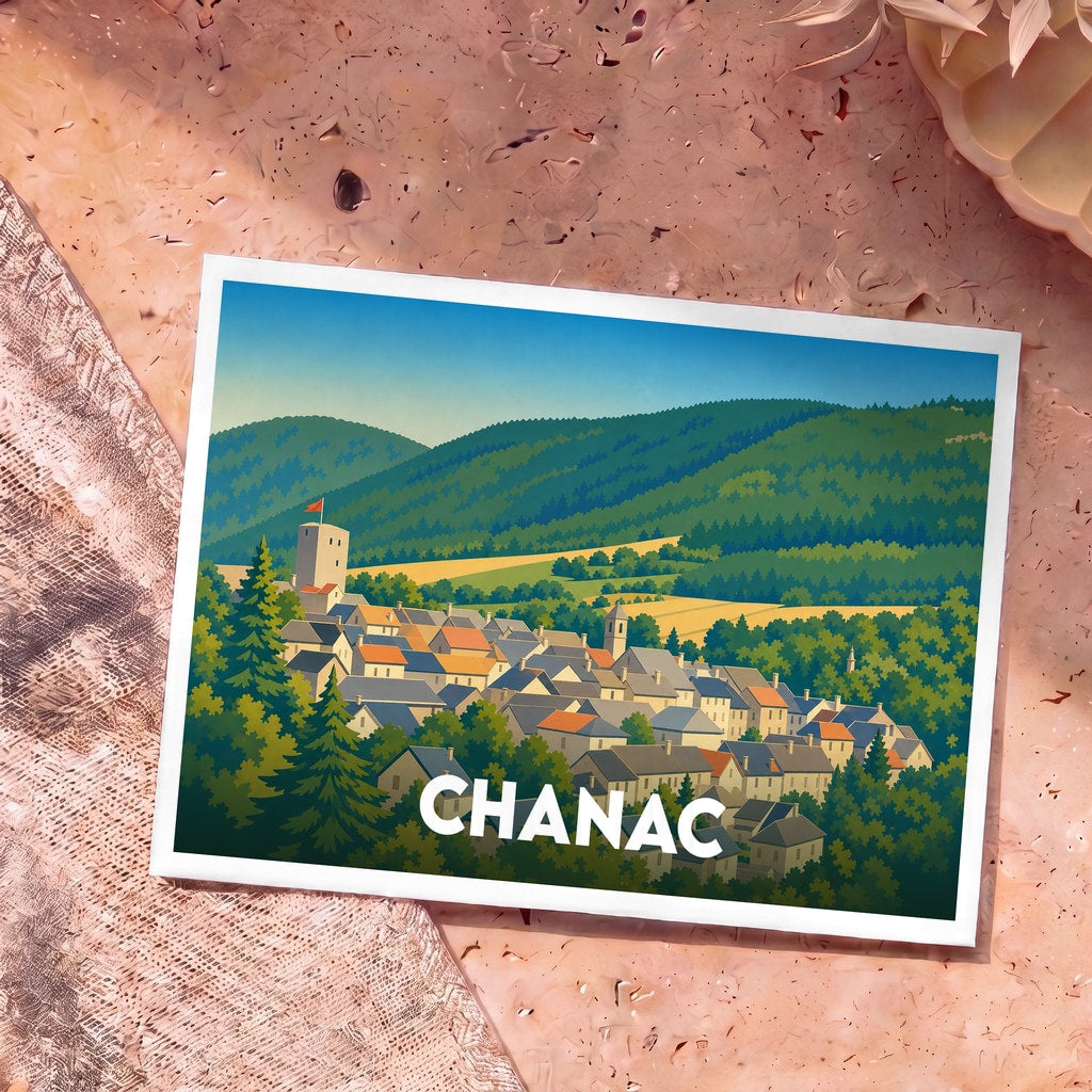 Carte postale souvenir de la ville de Chanac avec une illustration stylisée et colorée.