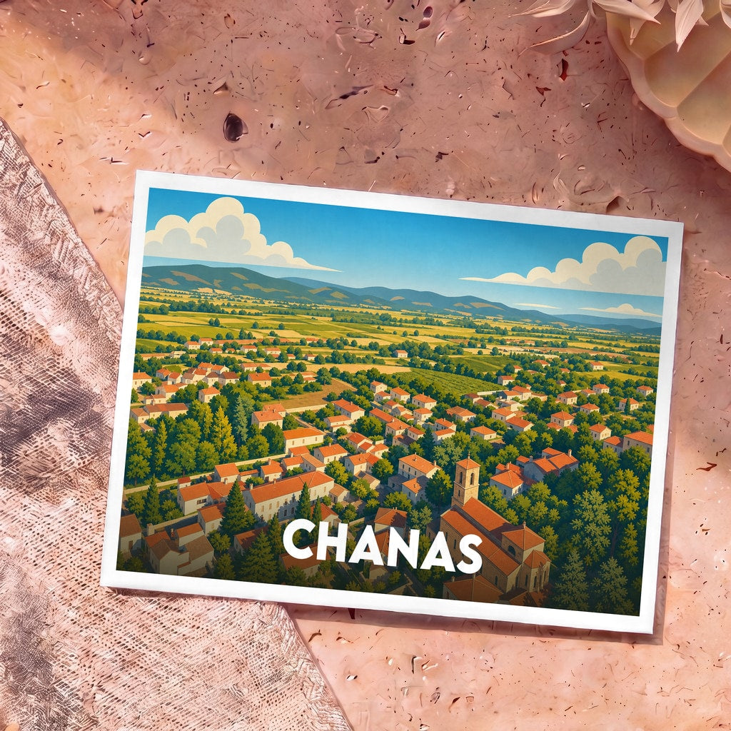 Carte postale souvenir de la ville de Chanas avec une illustration stylisée vue du ciel.