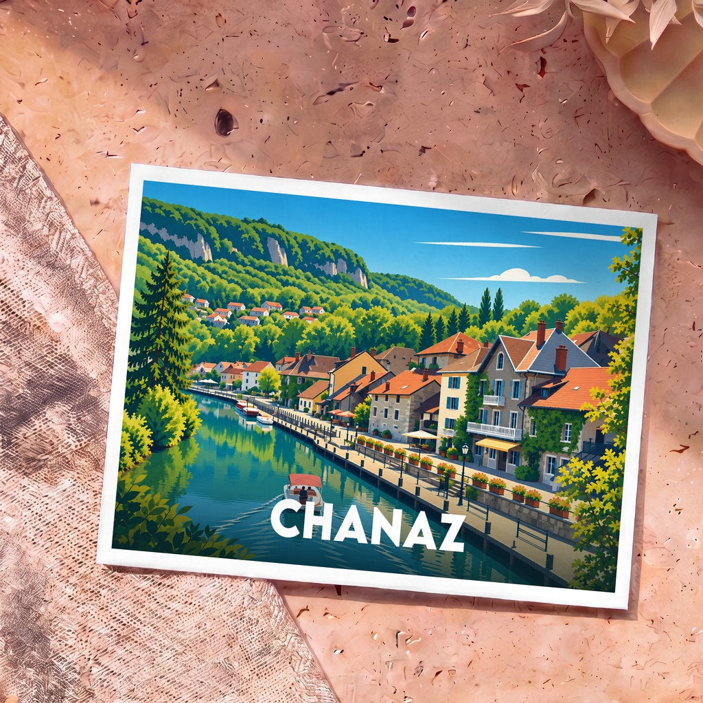 Carte postale souvenir de la ville de Chanaz avec une illustration colorée et stylisée de son canal.