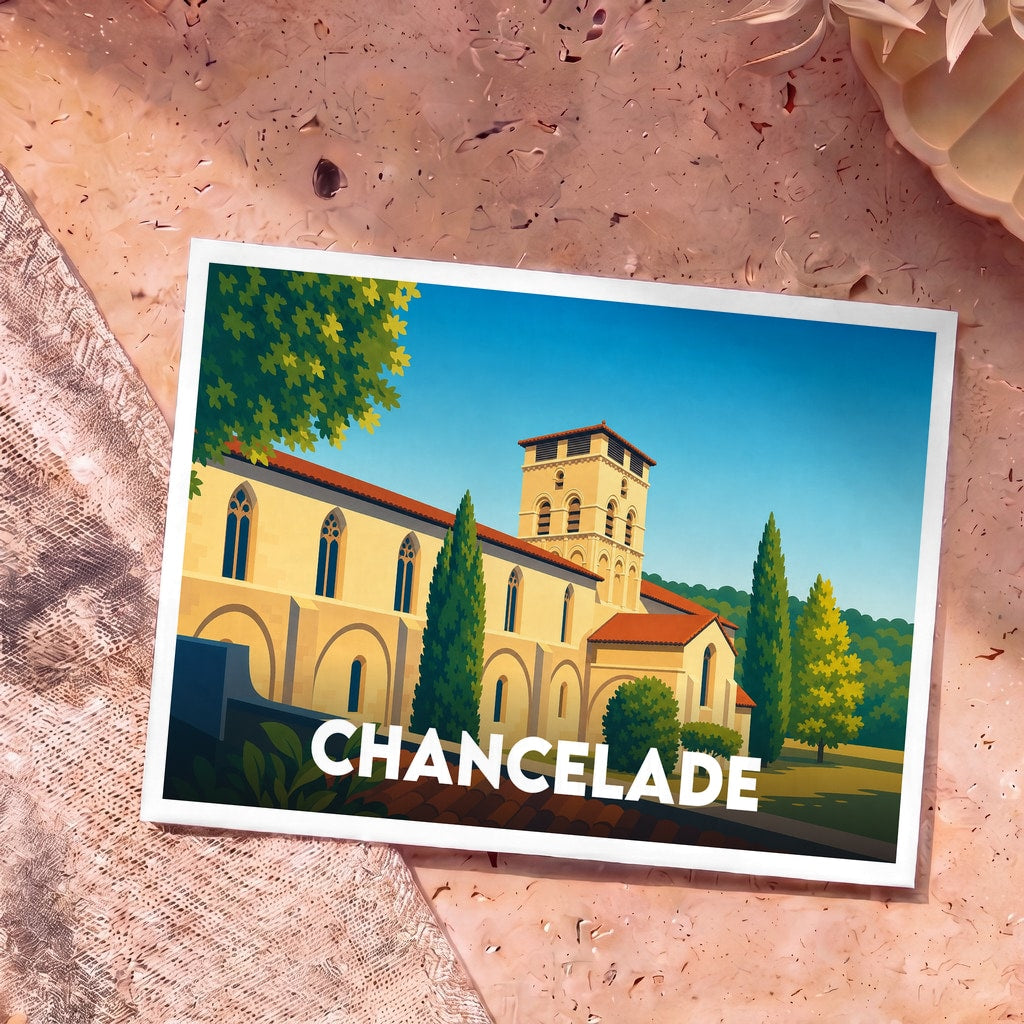 Carte postale souvenir de la ville de Chancelade avec une illustration stylisée de son abbaye.