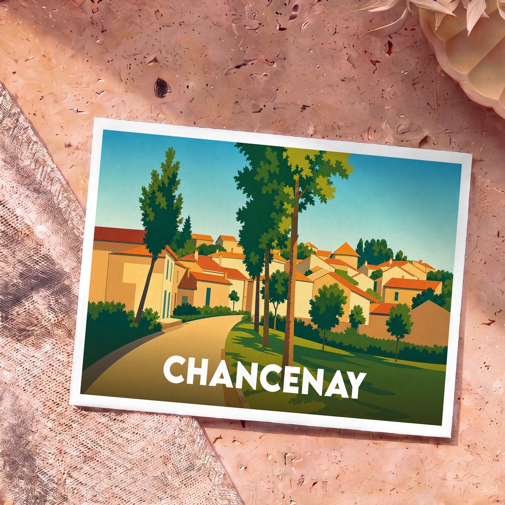 Carte postale souvenir de la ville de Chancenay avec une illustration stylisée d'un village ensoleillé.
