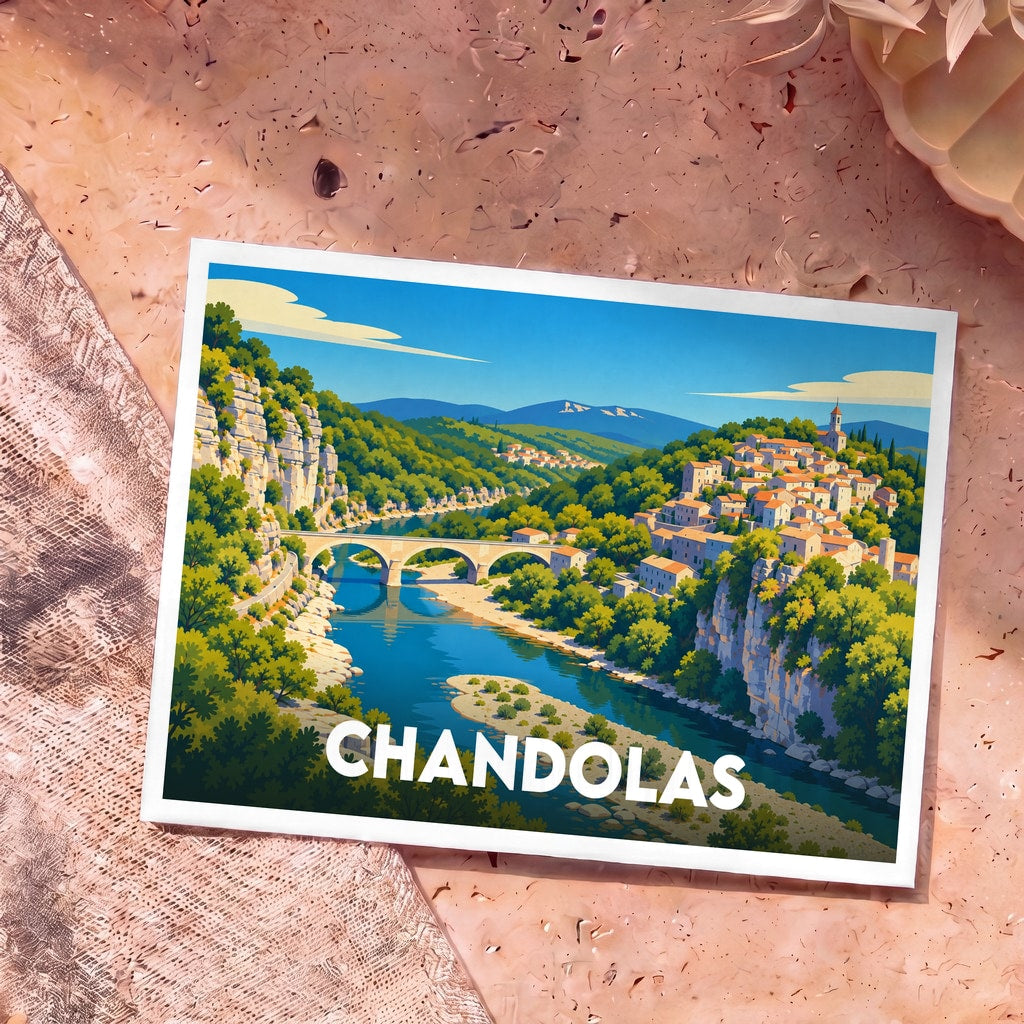 Carte postale souvenir de la ville de Chandolas avec une illustration stylisée de son paysage fluvial et de son village perché.