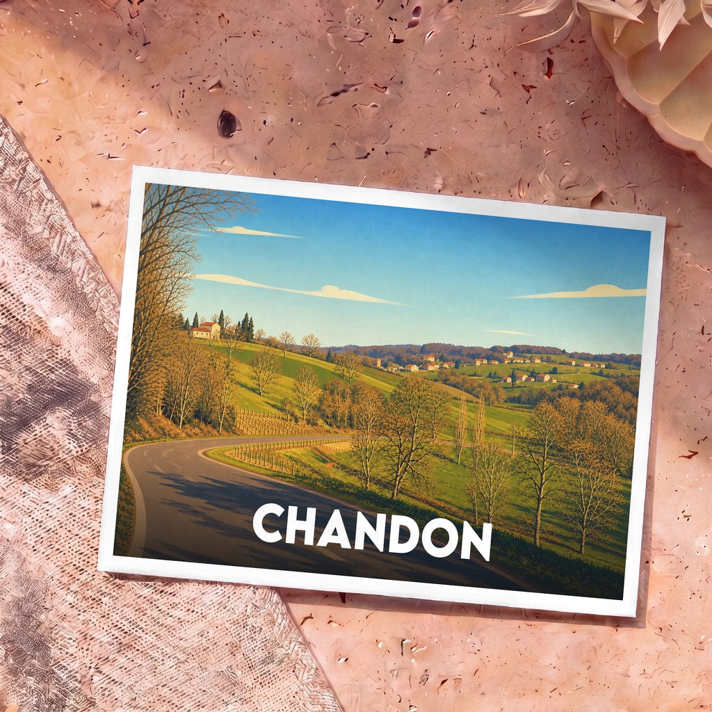 Carte postale souvenir de la ville de Chandon avec une illustration stylisée d'un paysage de campagne vallonné.