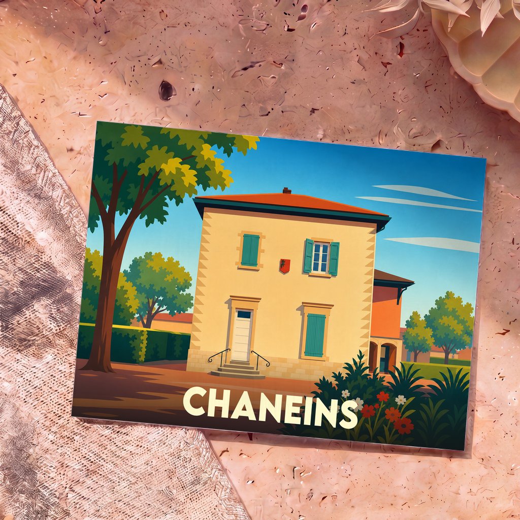Carte postale souvenir de la ville de Chaneins avec une illustration stylisée d'une maison traditionnelle.