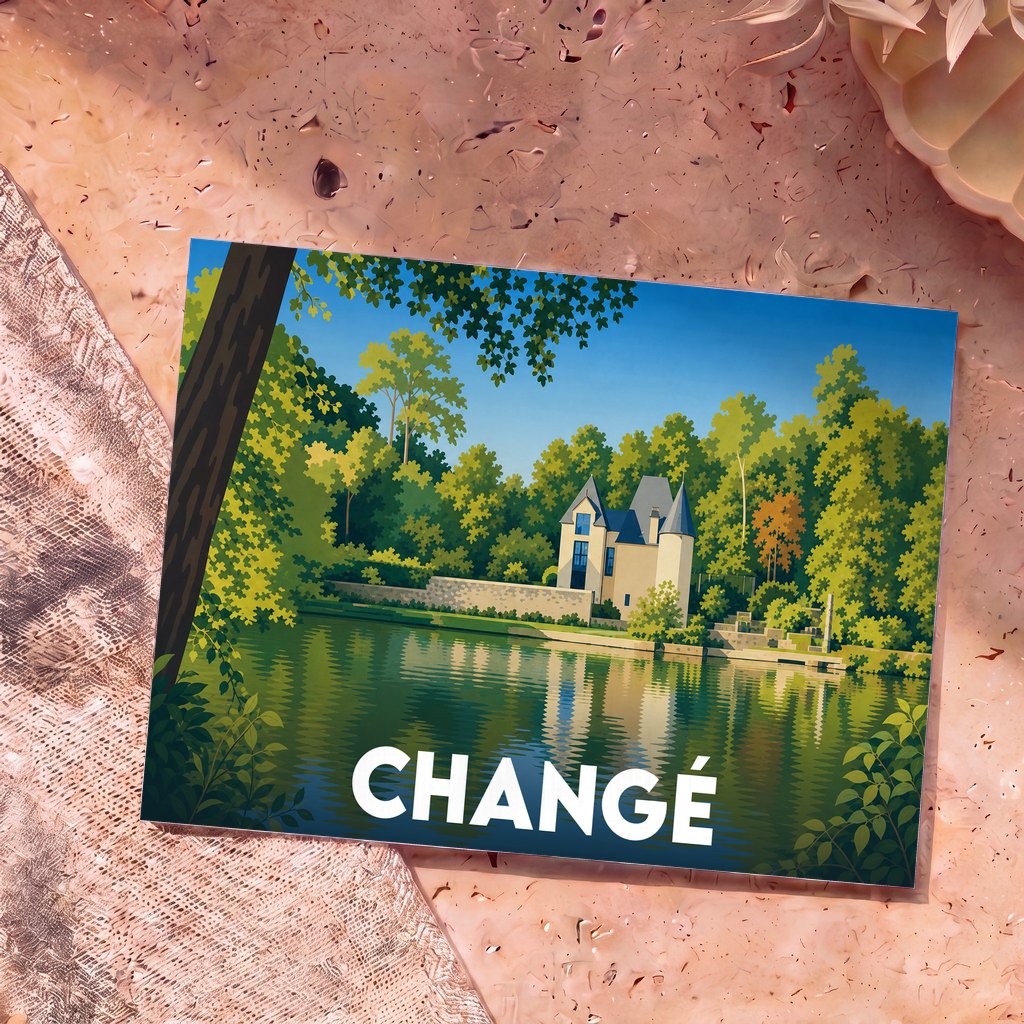 Carte postale souvenir de la ville de Changé avec une illustration stylisée d'un manoir au bord de l'eau.