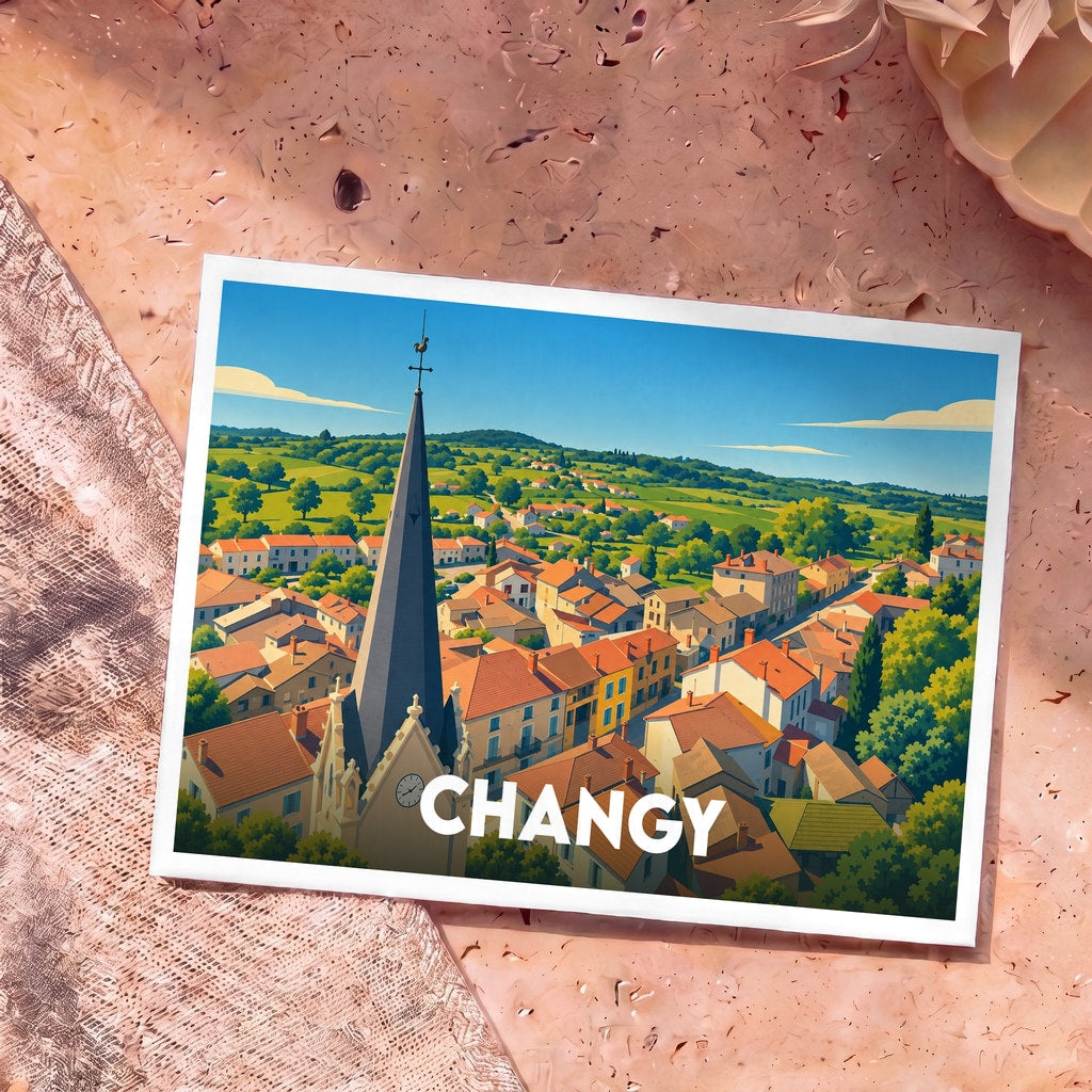 Carte postale souvenir de la ville de Changy présentant une illustration stylisée de son église et de ses toits.