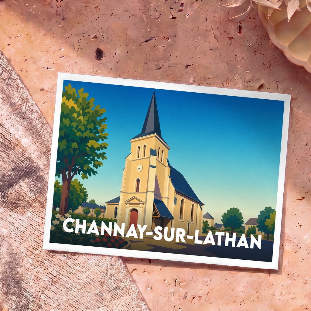 Carte postale souvenir de la ville de Channay-sur-Lathan avec une illustration stylisée de son église.