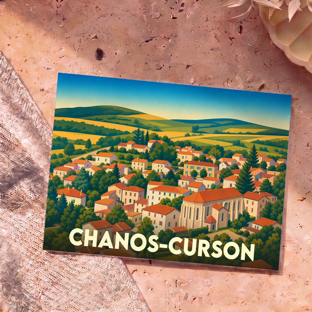 Carte postale souvenir de la ville de Chanos-Curson avec une illustration stylisée d'un village vallonné.