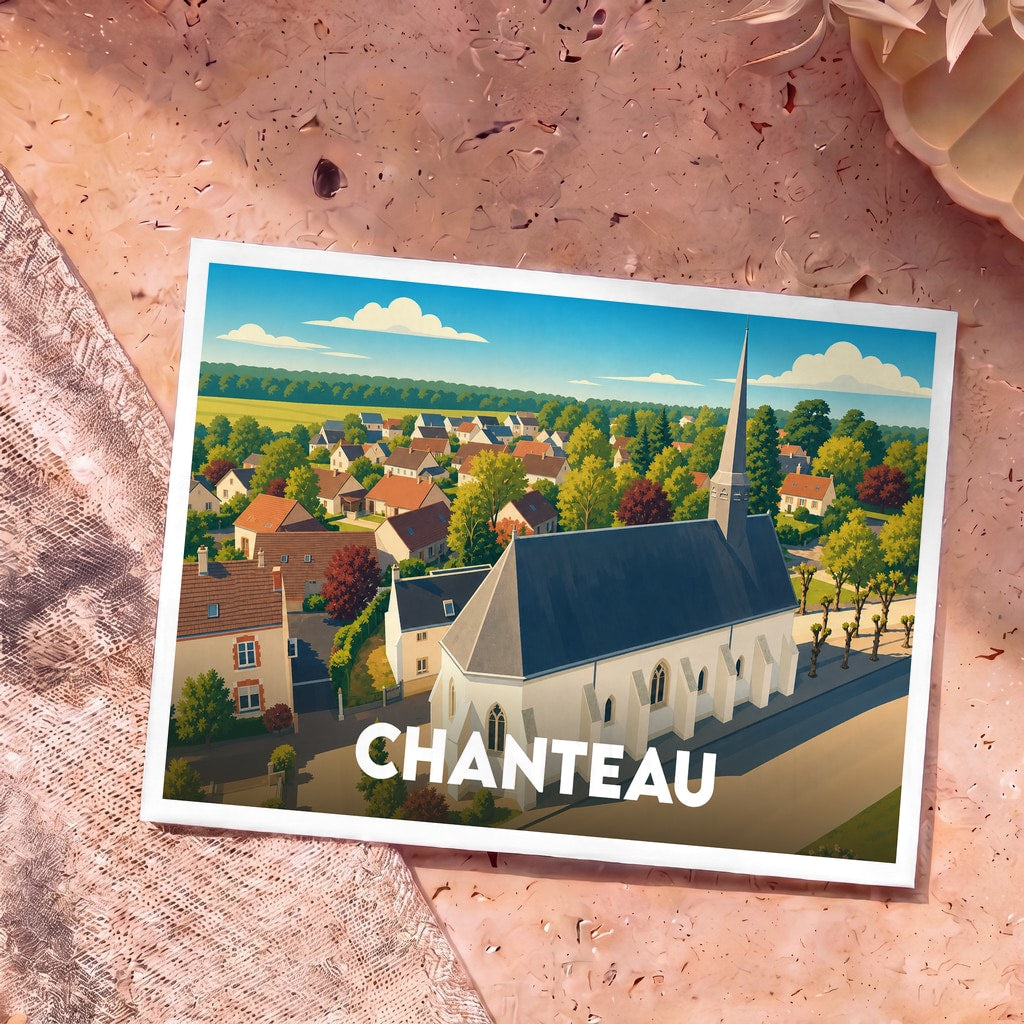 Carte postale souvenir de la ville de Chanteau illustrant son église et ses maisons dans un style graphique épuré.