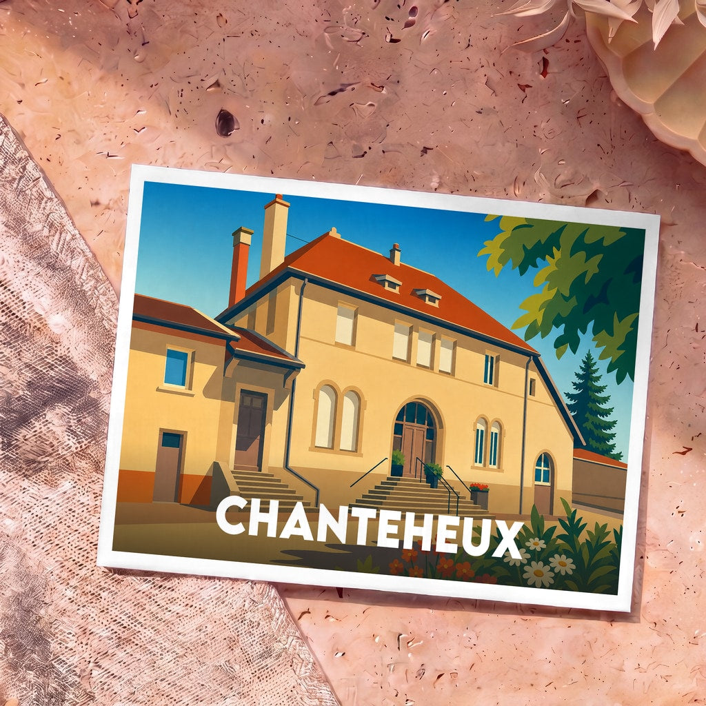 Carte postale souvenir de la ville de Chanteheux avec une illustration stylisée de son patrimoine architectural.