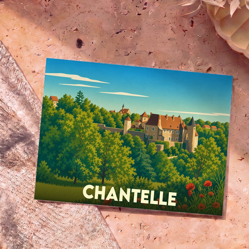 Carte postale souvenir de la ville de Chantelle avec une illustration stylisée de son château niché dans la verdure.
