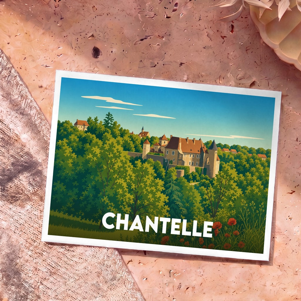 Carte postale souvenir de la ville de Chantelle avec une illustration stylisée de son château niché dans la verdure.