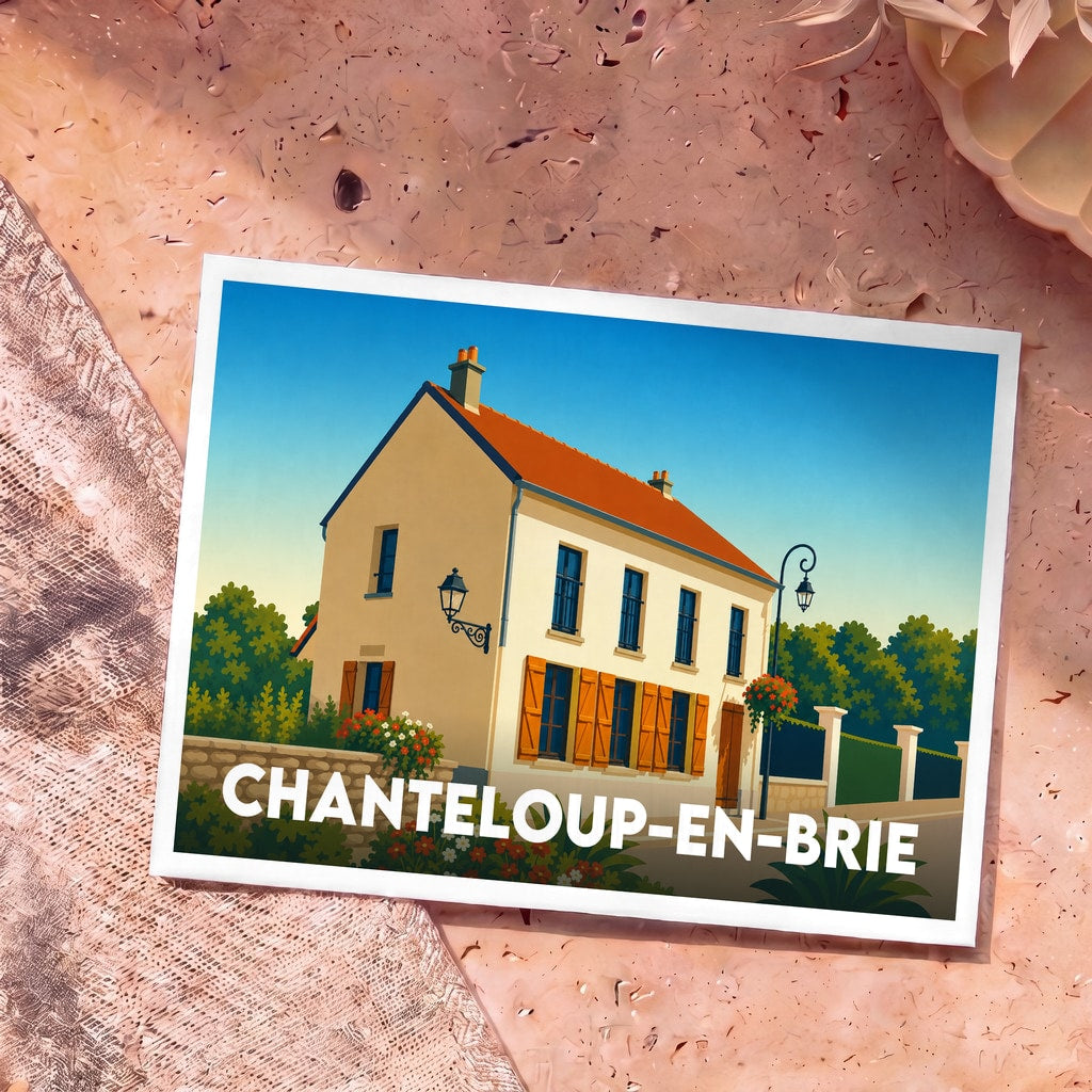Carte postale souvenir de la ville de Chanteloup-en-Brie avec une illustration stylisée d'une maison briarde.